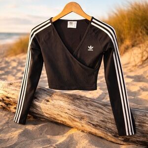 Adidas Originals Wrap Crop Top Long Sleeve Black 3-Stripes Womens Size XS HC2032